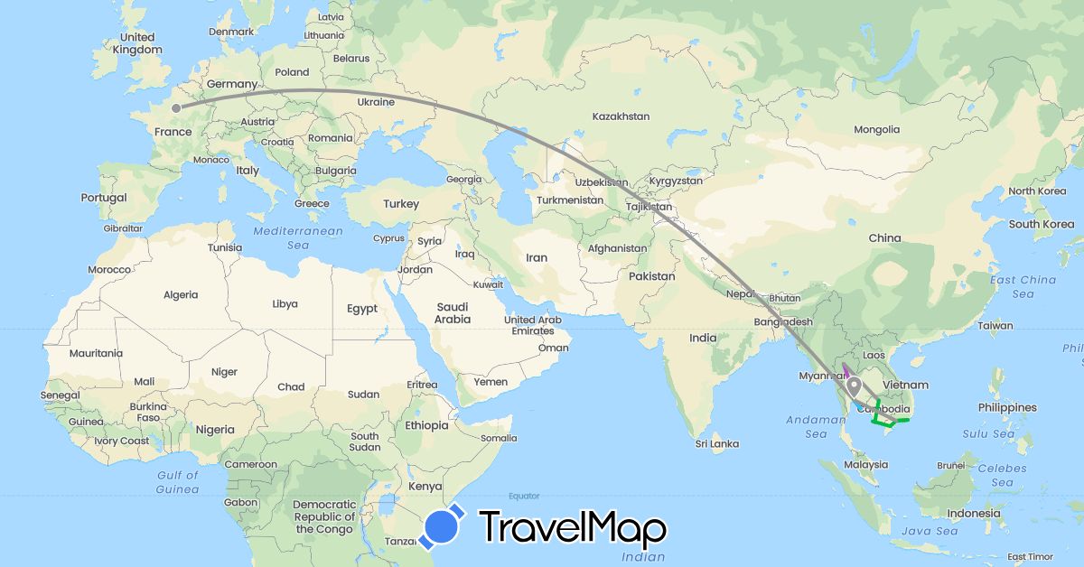 TravelMap itinerary: bus, plane, train, boat in France, Cambodia, Thailand, Vietnam (Asia, Europe)